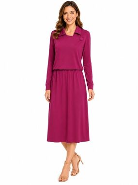 Gillia 100% Silk Long-Sleeve Midi Dress in Berry Plum Women's XL